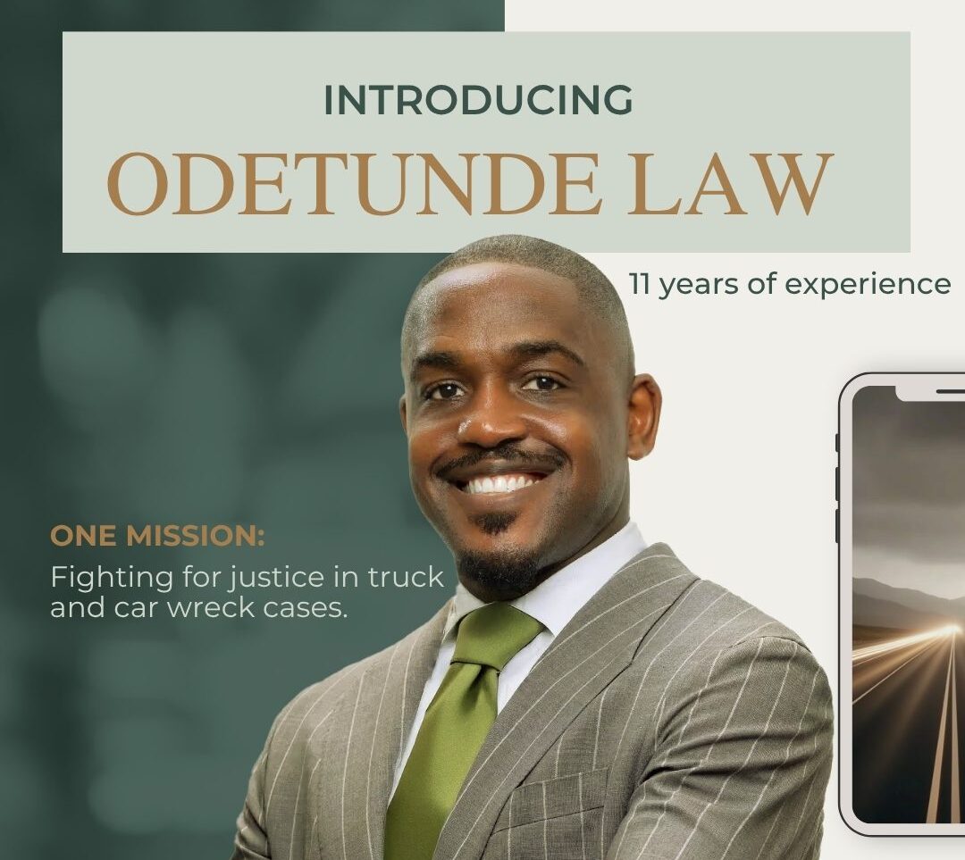 Portrait of attorney Adewale “Wale” Odetunde in a suit, introducing Odetunde Law, a truck and car wreck firm in Metro Atlanta.