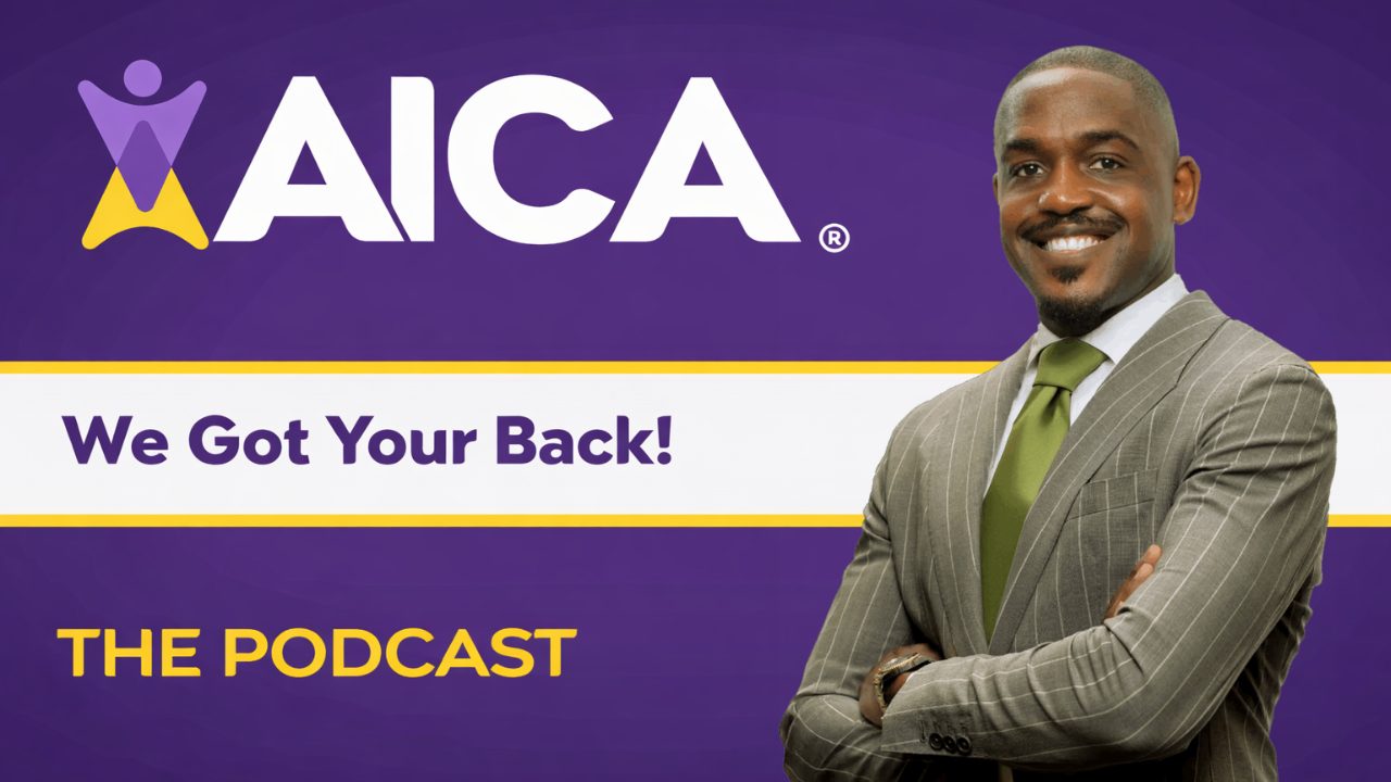 Promotional graphic for AICA’s “We Got Your Back!” podcast featuring attorney Adewale “Wale” Odetunde in a suit beside the AICA logo.